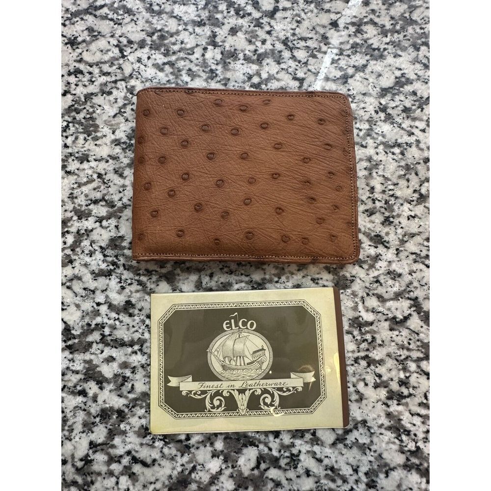 Elco Brown Ostrich Skin Bifold Wallet Handmade Cash With COA Card